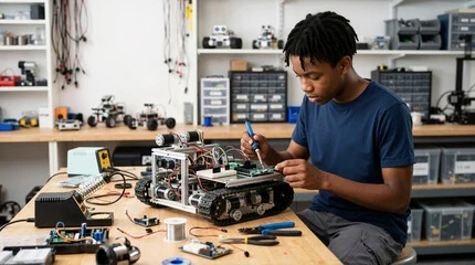 A young man building a robot in a workshop